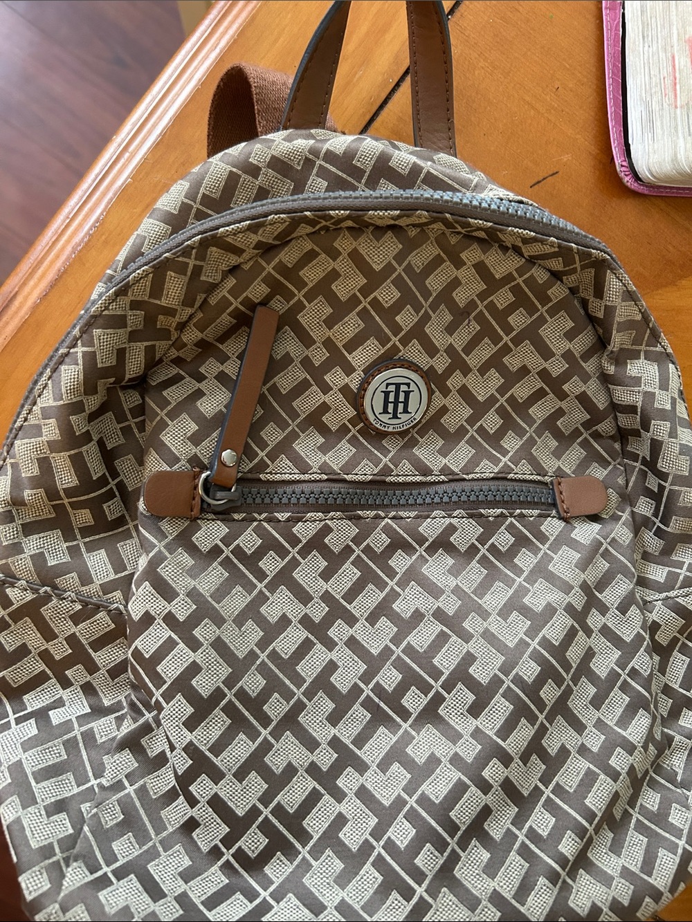 Tommy Hilfiger Beige and Brown Logo Print Backpack